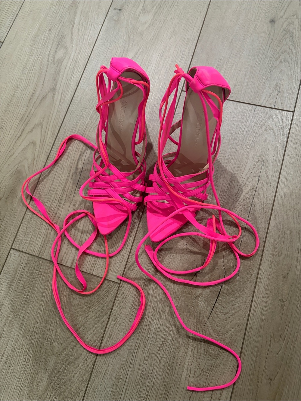 Wild Diva Lounge Neon Pink Lace-Up Strappy Heels